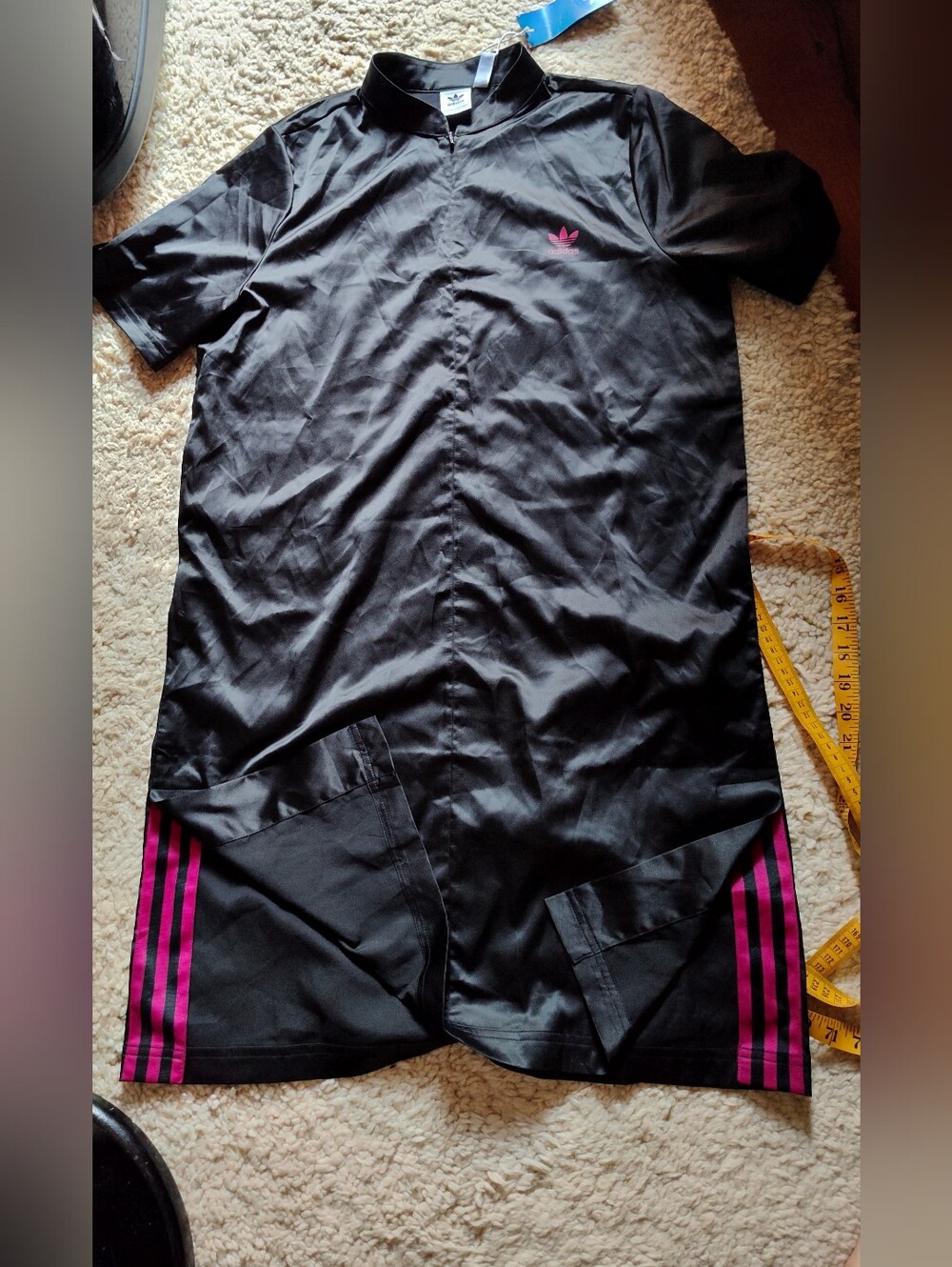 BWT Adidas Black Short-Sleeve Satin Dress with Red/Pink Stripes